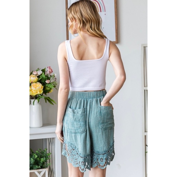 Oli & Hali Teal Mineral Washed Long Cotton Lace Trimmed Shorts - Picture 9 of 11